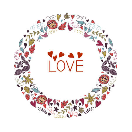 Valentines Day Greeting Card with wreath. Love lettering. Perfect for valentines day, stickers, birthday, save the date invitation.のイラスト素材