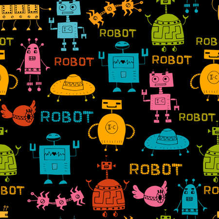 pattern with different retro robotsのイラスト素材