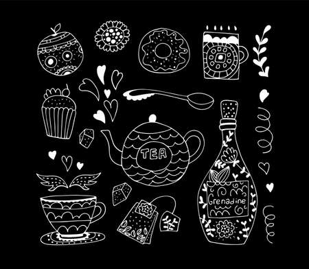 kitchen set on a chalkboard. Stylish design elements: spoon, mug, kettle, bottle, fruit,glassのイラスト素材