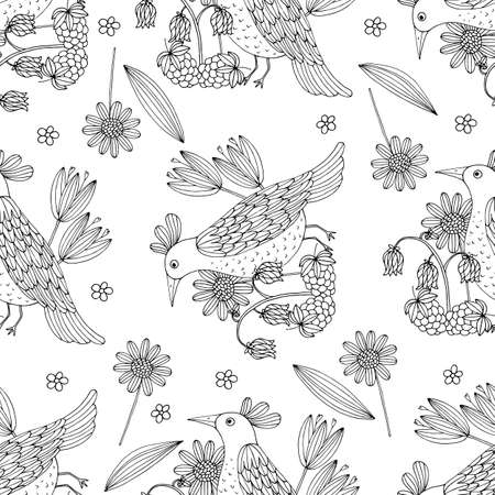 Black and white seamless bird pattern. Vector illustration in retro style.のイラスト素材