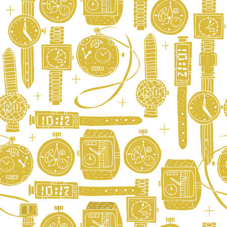 Vector illustration. Seamless pattern of different clocks in Doodle style. Gold watchのイラスト素材