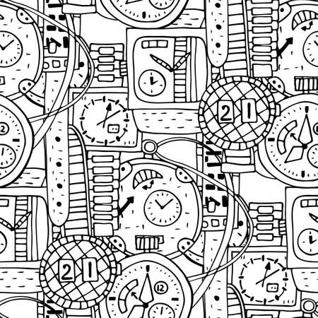 Vector illustration. Seamless pattern of different clocks in Doodle style. Coloring Bookのイラスト素材