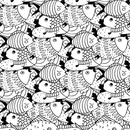 vector seamless pattern with sea fish. Bright tropical fish doodles in the naive style. Coloring bookのイラスト素材