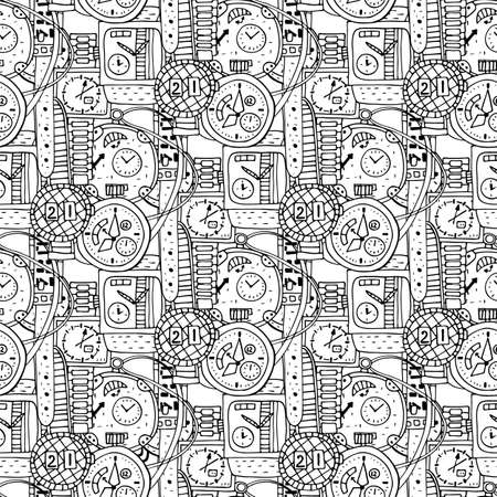 Vector illustration. Seamless pattern of different clocks in Doodle style. Coloring Bookのイラスト素材