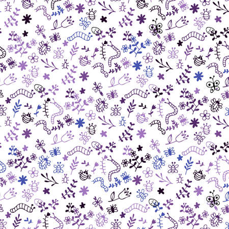 Seamless Doodle vector pattern: bugs, spiders, butterflies, dragonfly, bee, caterpillar, grass, flowersのイラスト素材