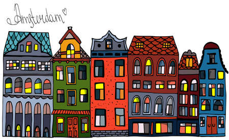 Set Amsterdam old houses cartoon facades. Traditional architecture of Netherlands. Colorful vector illustrations in the Dutch style.のイラスト素材