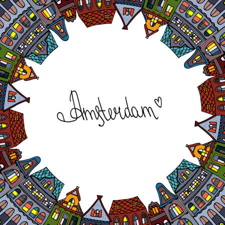 Set Amsterdam old houses cartoon facades. Traditional architecture of Netherlands. Colorful vector illustrations in the Dutch style.のイラスト素材