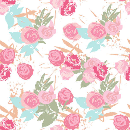 Seamless vector floral background. Elegant romantic design of roses, peonies, leaves on white background.のイラスト素材