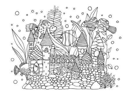 Hand drawn background ink with fish in the aquarium . Vector drawing black and white illustrations can be used for coloring book for kids and adultsのイラスト素材