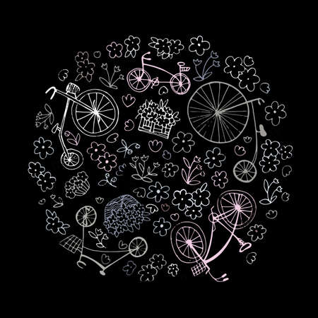 retro pattern with bikes and flowers. Vector illustration. Design of textiles,packagingのイラスト素材