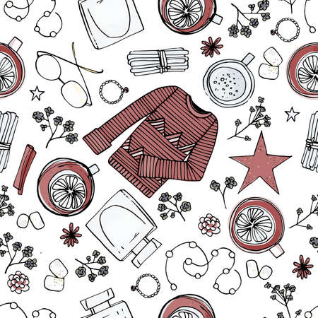 Christmas seamless background with mugs of hot tea, cocoa, sweaters, cinnamon, cloves. Design for Wallpaper, gift paper, patterns, textiles, Christmas and new year greeting cardsのイラスト素材