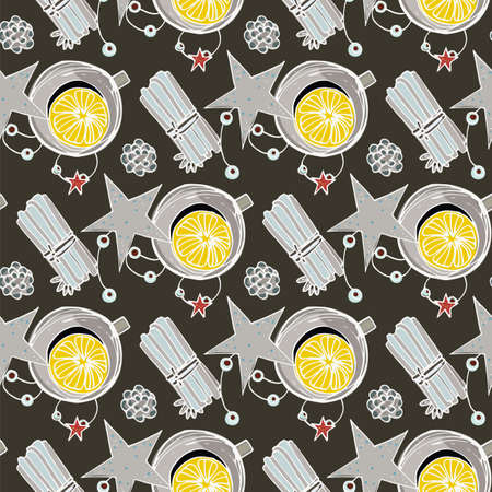 Christmas seamless background with mugs of hot tea, cocoa, cinnamon, cloves. Design for Wallpaper, gift paper, patterns, textiles, Christmas and new year greeting cardsのイラスト素材