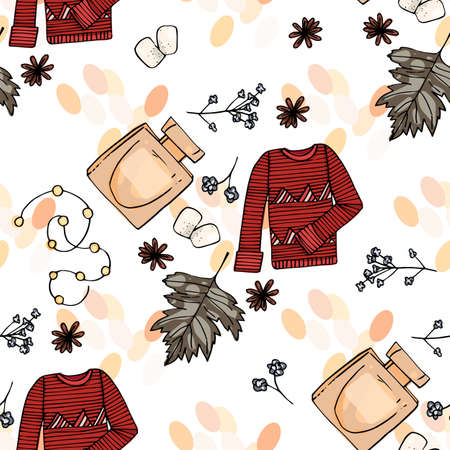 Christmas seamless background with mugs of hot tea, cocoa, sweaters, cinnamon, cloves. Design for Wallpaper, gift paper, patterns, textiles, Christmas and new year greeting cardsのイラスト素材