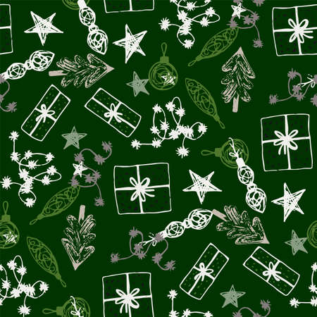 Christmas seamless vector background. Wrapping paper design with winter holiday decoration, Christmas trees, Christmas tree toys.のイラスト素材