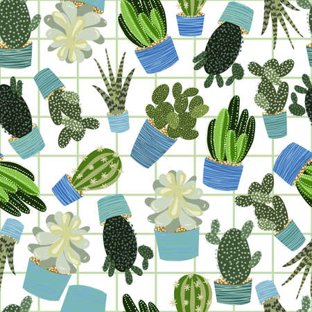 seamless vector background with a cute cactus pattern. Illustration in flat styleのイラスト素材