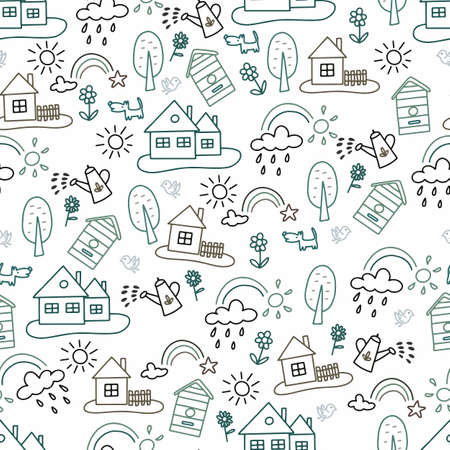 Seamless pattern with houses and trees, flowers, clouds.のイラスト素材