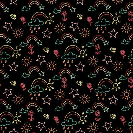 Seamless vector pattern with doodles clouds, rainbow, rain, sun.のイラスト素材