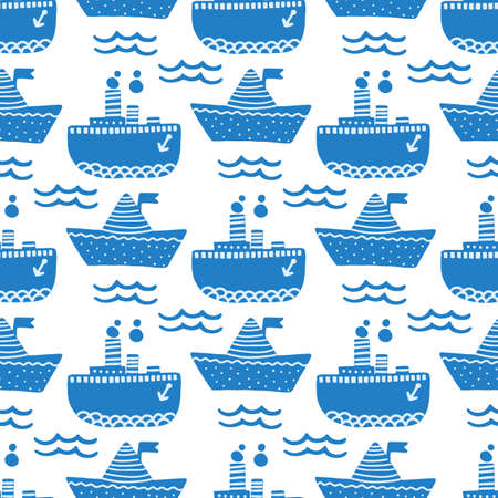 Marine seamless pattern with ship and steamer.のイラスト素材