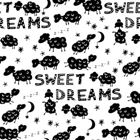 Seamless pattern with cute sleeping sheep. Design for children's clothing, fabric, textiles, children's room decoration, wrapping paper. Vector illustration.のイラスト素材