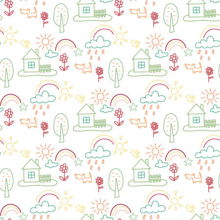Seamless pattern with houses and trees, flowers, clouds.のイラスト素材