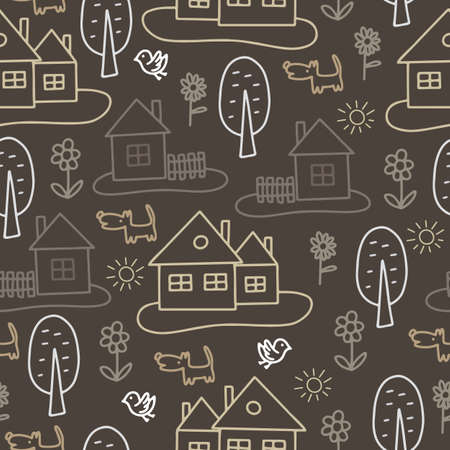 Seamless pattern with houses and trees, flowers, clouds.のイラスト素材