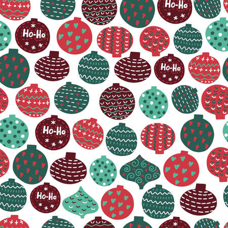 Vector seamless pattern of Christmas balls and toys in the style of hand drawn.のイラスト素材