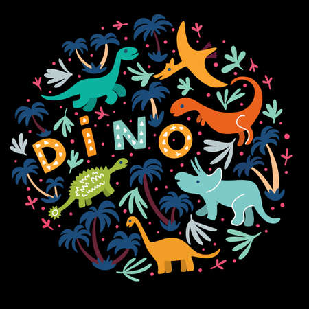 Children's illustration with a hand-drawn dinosaur in the Scandinavian style. Vector children's background for fabric, textiles, paper.のイラスト素材