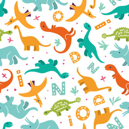 Children's seamless pattern with a hand-drawn dinosaur in the Scandinavian style. Vector children's background for fabric, textiles, paper.のイラスト素材
