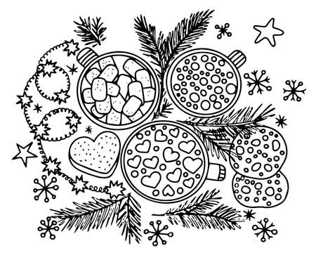 Page of the coloring book. Size A4. Christmas decorations. Hand-drawn vector illustration with a mug, Christmas decorations, snowflakes . Black and white pattern.のイラスト素材