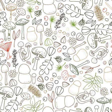Seamless vector pattern with mushrooms, cones, needles, and berries. Illustration of a forest clearing. Design for paper and fabric.のイラスト素材