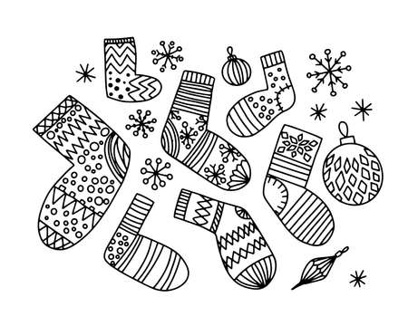 A set of Christmas socks. Artistically winter, Christmas patterns. Vector. Hand drawn design element. Pattern for a coloring book.のイラスト素材