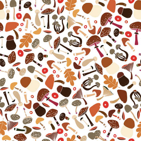 Seamless vector pattern with mushrooms, cones, needles, and berries. Illustration of a forest clearing. Design for paper and fabric.のイラスト素材