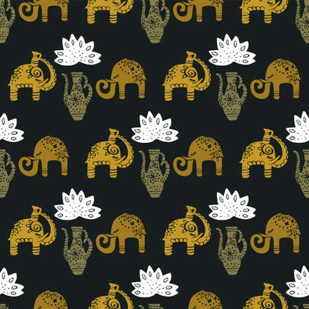 Seamless vector pattern with elephant silhouettes. illustration in the Indian style. Print for fabricのイラスト素材