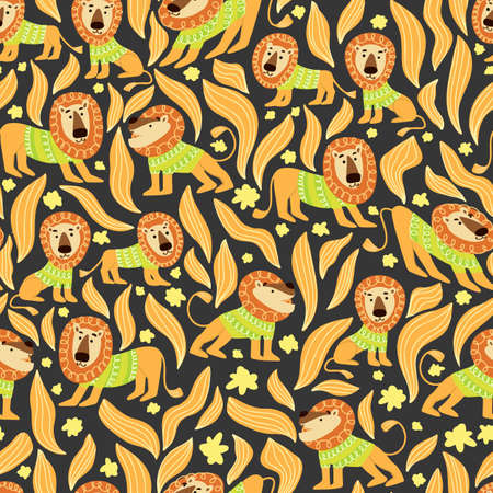 Vector seamless pattern with cartoon lions in the jungleのイラスト素材