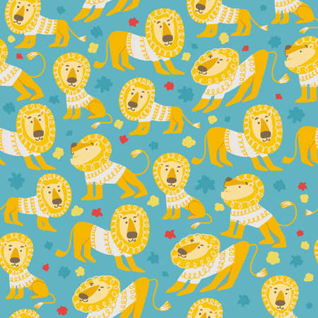 Vector seamless pattern with cartoon lions in the jungleのイラスト素材