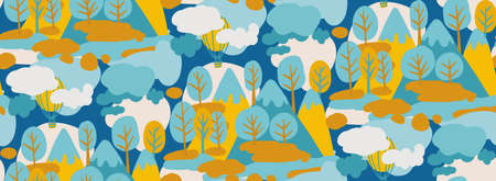 Seamless pattern with forest, mountains, clouds. Vector illustration in flat styleのイラスト素材