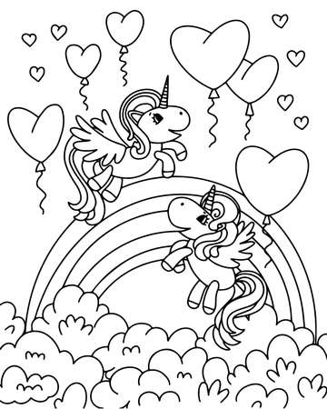 Black and white vector illustration for childrens coloring book. Unicorns in the cloudsのイラスト素材