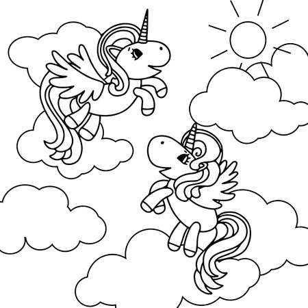 Black and white vector illustration for childrens coloring book. Unicorns in the cloudsのイラスト素材