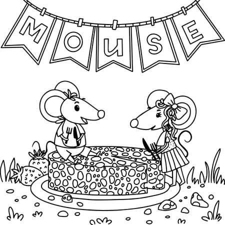 Coloring book. Vector illustration with mice and cheeseのイラスト素材