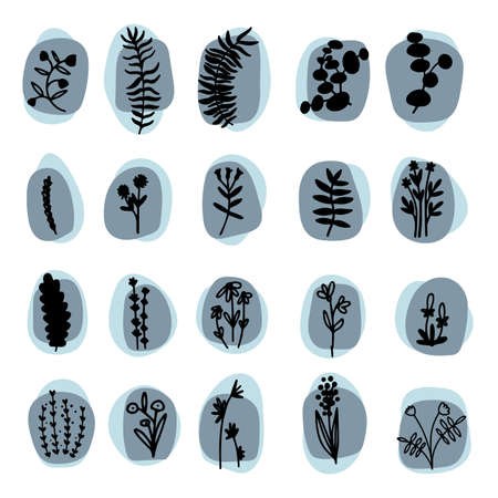 A set of vector elements made of flowers and leaves. Silhouettes of plants. Design for vignettesのイラスト素材