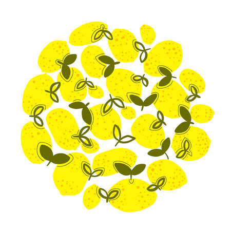 Vector illustration. Fresh lemons with leaves in a circle. Beverage label designのイラスト素材