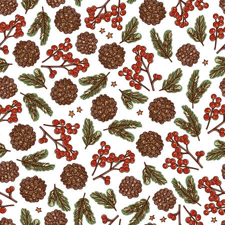 Winter seamless vector pattern. Christmas, holiday, new year design for packaging. fabrics, decor, scrapbooking. Illustration of gingerbread, pine cones, Christmas toys, fir tree branchesのイラスト素材