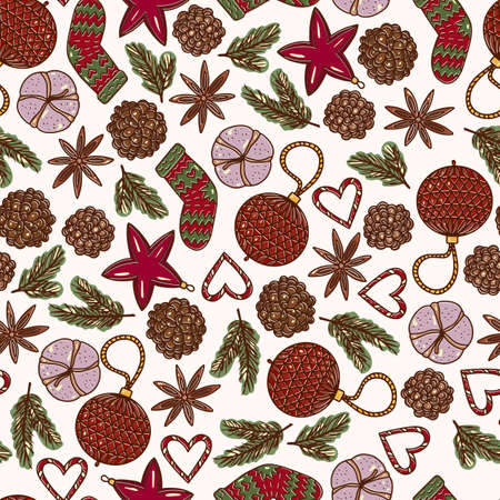 Winter seamless vector pattern. Christmas, holiday, new year design for packaging. fabrics, decor, scrapbooking. Illustration of gingerbread, pine cones, Christmas toys, fir tree branchesのイラスト素材