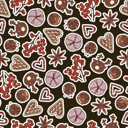 Winter seamless vector pattern. Christmas, holiday, new year design for packaging. fabrics, decor, scrapbooking. Illustration of gingerbread, pine cones, Christmas toys, fir tree branchesのイラスト素材