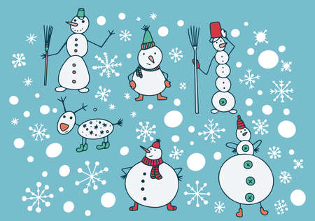 Vector winter illustration.Snowmen on the background of snowfall. Design for holiday packaging, paper, fabricのイラスト素材