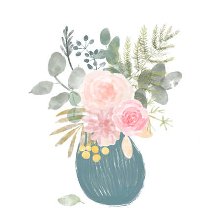 Watercolor flower illustration. A bouquet of flowers in a vase. Design for paintings, interior posters.の写真素材