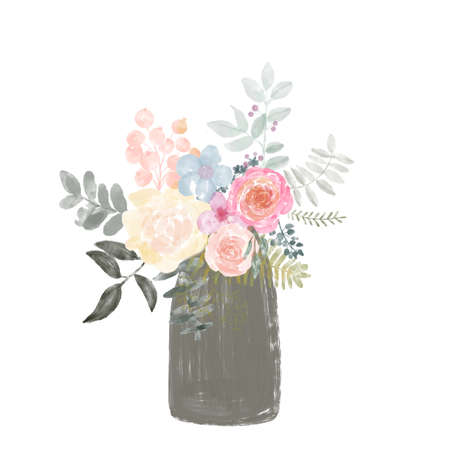 Watercolor flower illustration. A bouquet of flowers in a vase. Design for paintings, interior posters.の写真素材