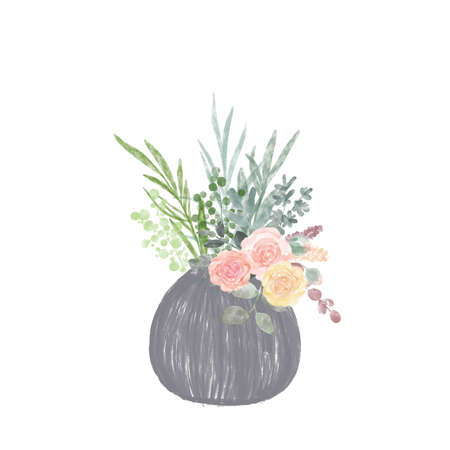 Watercolor flower illustration. A bouquet of flowers in a vase. Design for paintings, interior posters.の写真素材