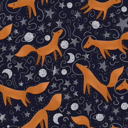 Little foxes in a space suit. Illustration in the Scandinavian style.Seamless pattern with astronauts on a starry background.の写真素材