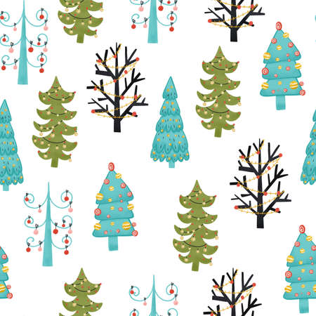 Seamless pattern on the theme of the holiday. Design for New year and Christmas decor. Illustration of winter forestの写真素材